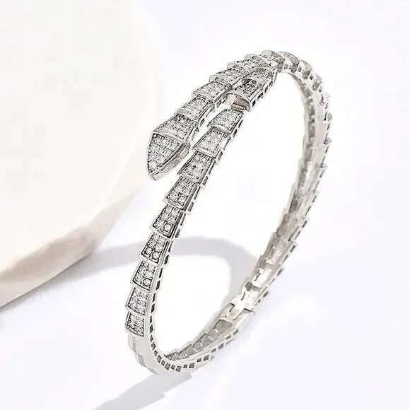 Silver Zircon Snake Bangle Bracelet Ring Set, Luxury - Picture 3 of 8